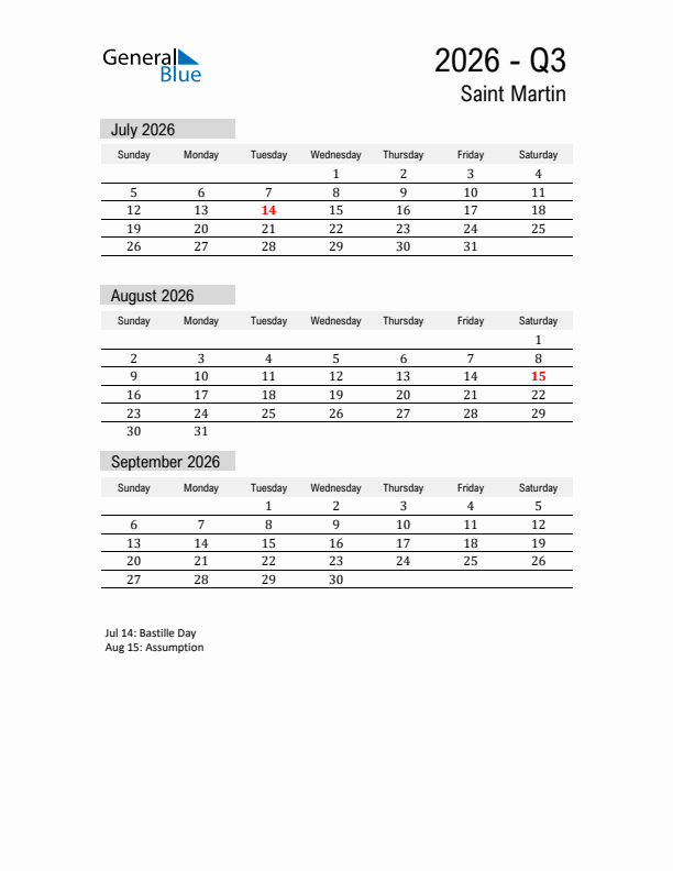 Saint Martin Quarter 3 2026 Calendar with Holidays