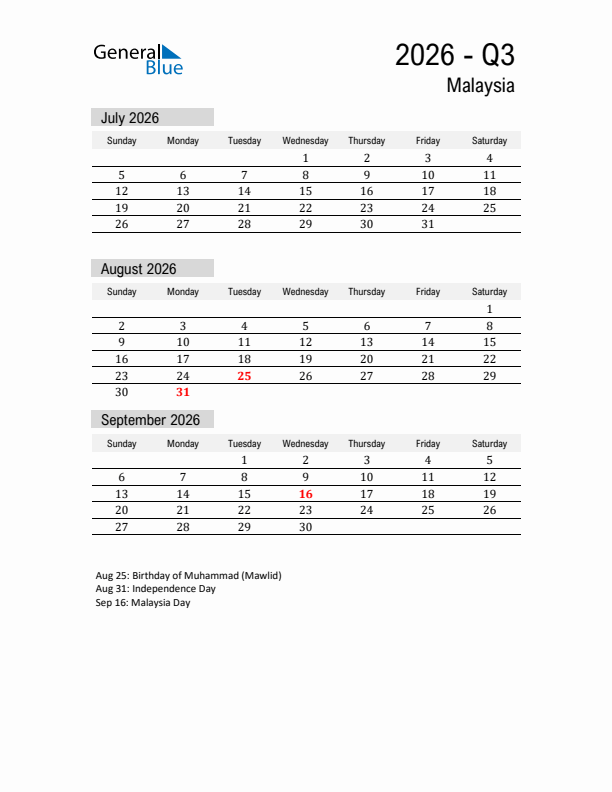Malaysia Quarter 3 2026 Calendar with Holidays