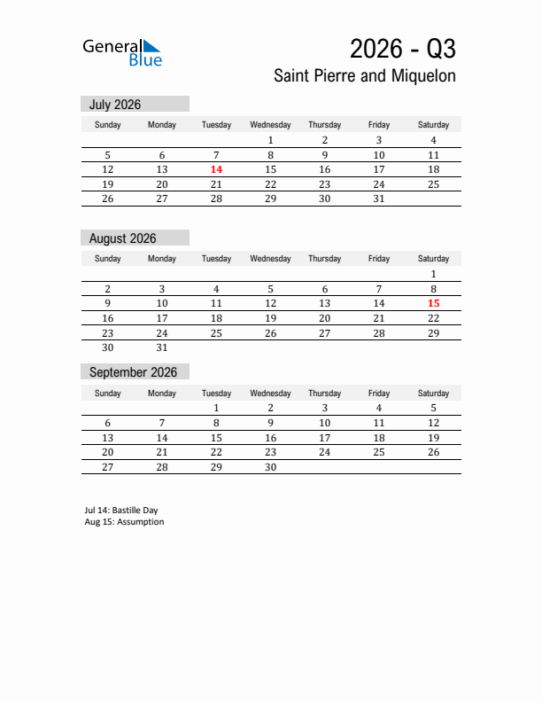 Saint Pierre and Miquelon Quarter 3 2026 Calendar with Holidays