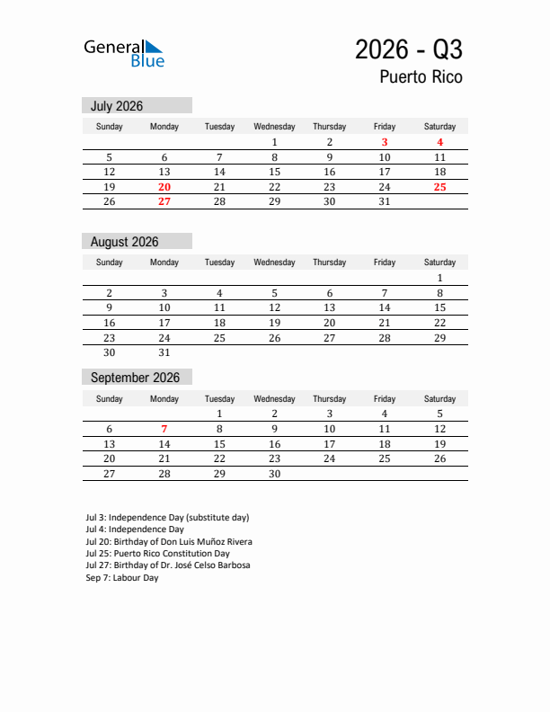 Puerto Rico Quarter 3 2026 Calendar with Holidays