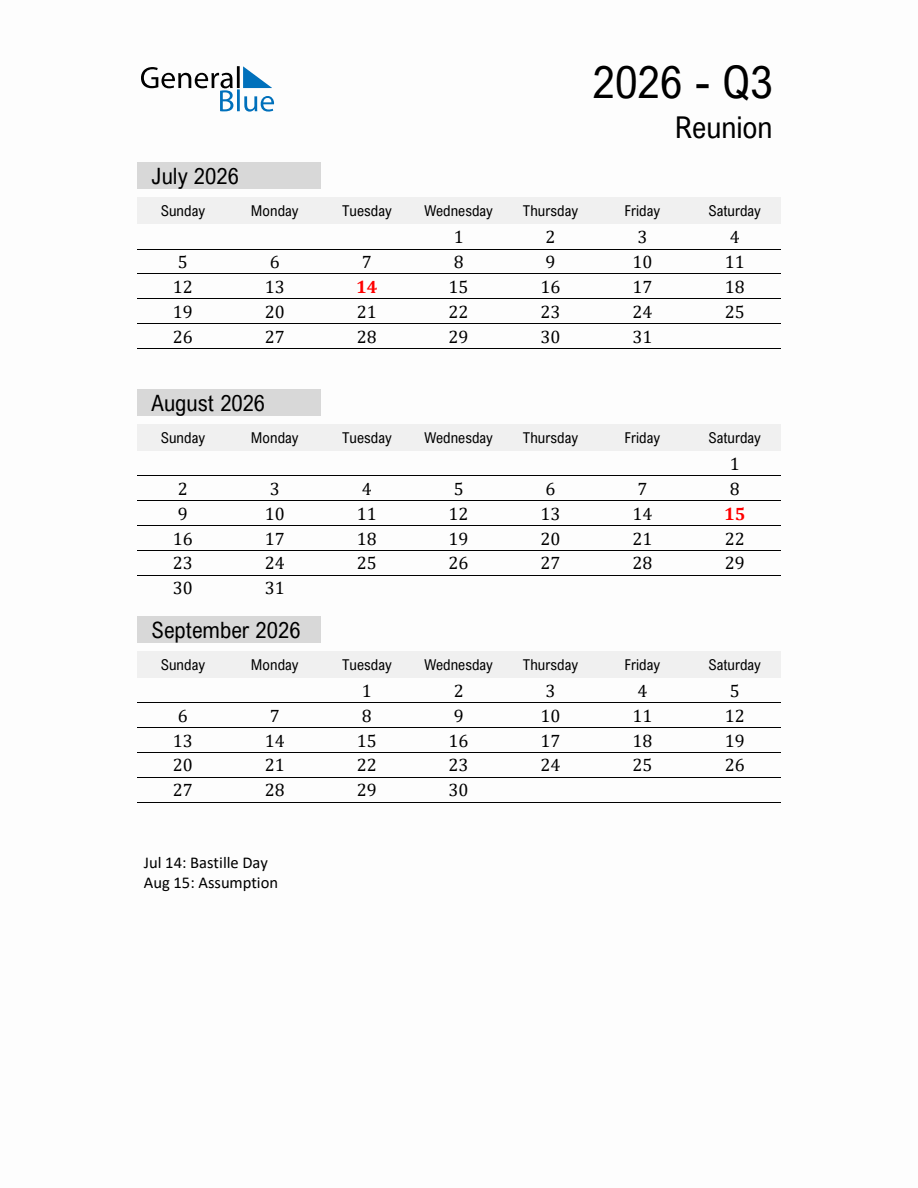 Reunion Quarter 3 2026 Calendar with Holidays