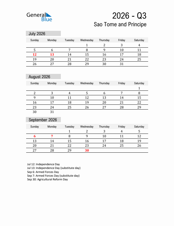 Sao Tome and Principe Quarter 3 2026 Calendar with Holidays