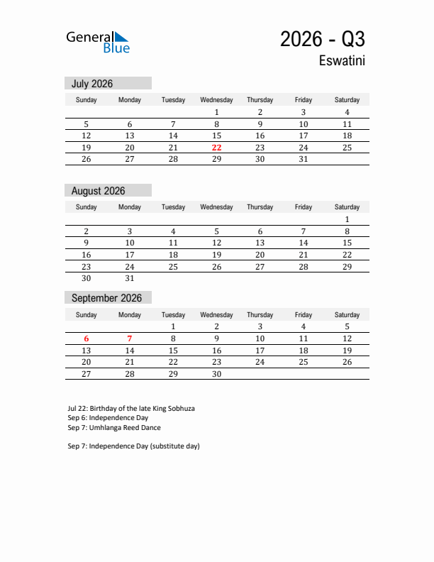 Eswatini Quarter 3 2026 Calendar with Holidays