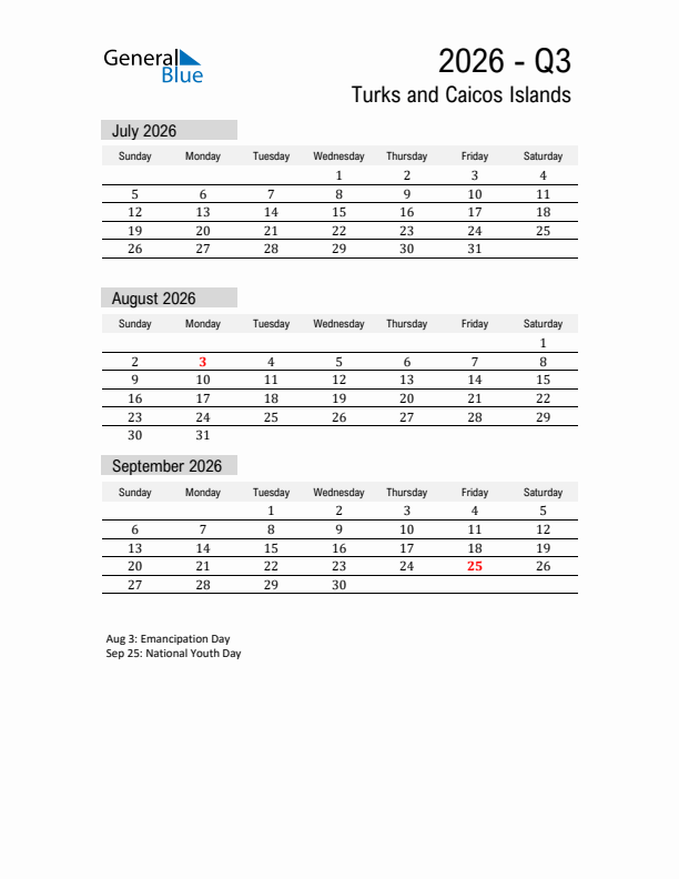 Turks and Caicos Islands Quarter 3 2026 Calendar with Holidays