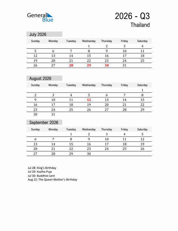 Thailand Quarter 3 2026 Calendar with Holidays