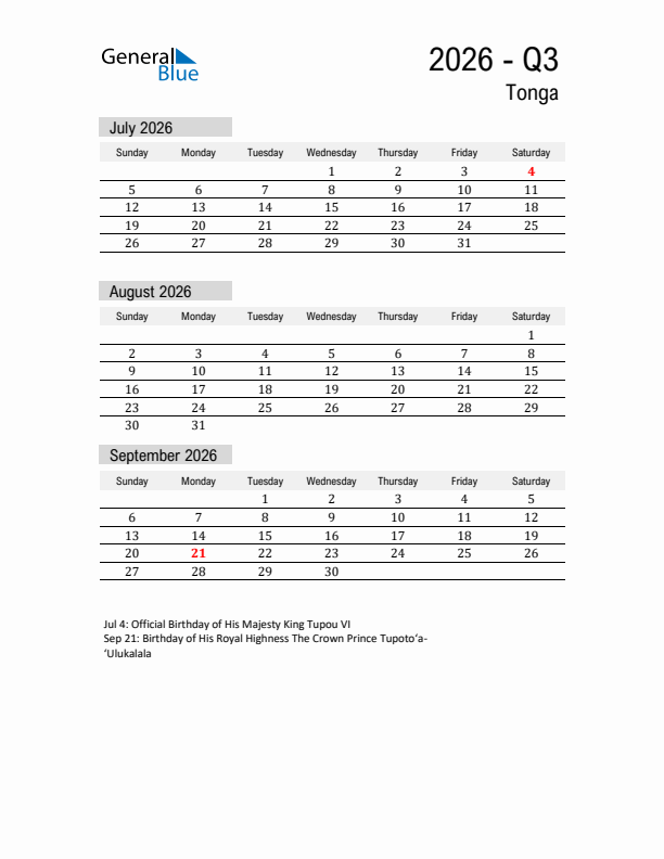 Tonga Quarter 3 2026 Calendar with Holidays