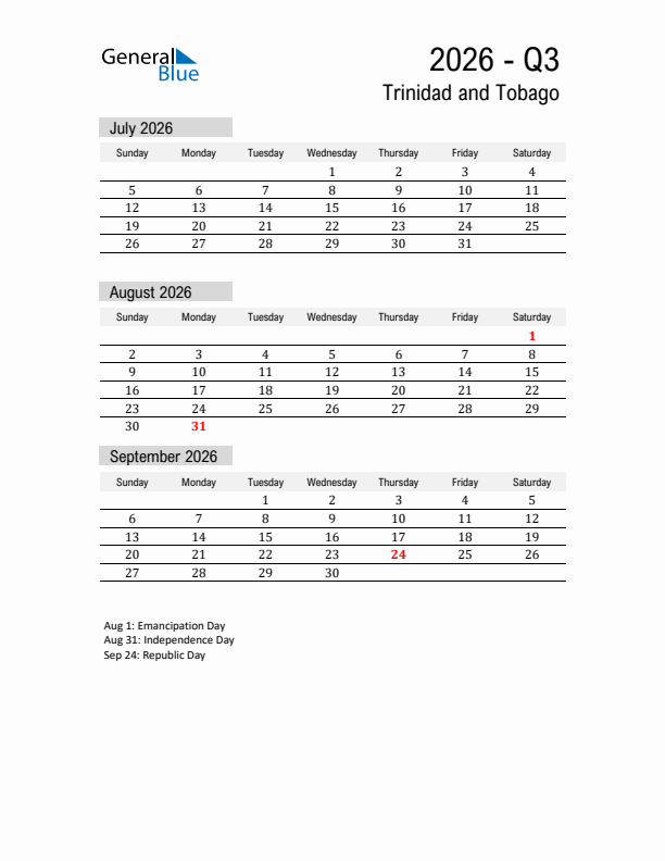 Trinidad and Tobago Quarter 3 2026 Calendar with Holidays