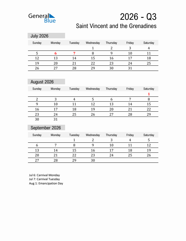 Saint Vincent and the Grenadines Quarter 3 2026 Calendar with Holidays