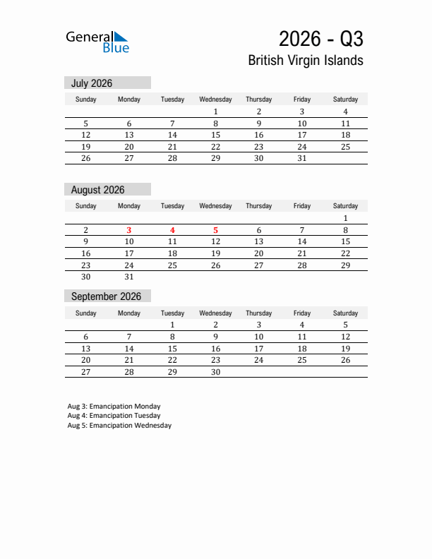 British Virgin Islands Quarter 3 2026 Calendar with Holidays