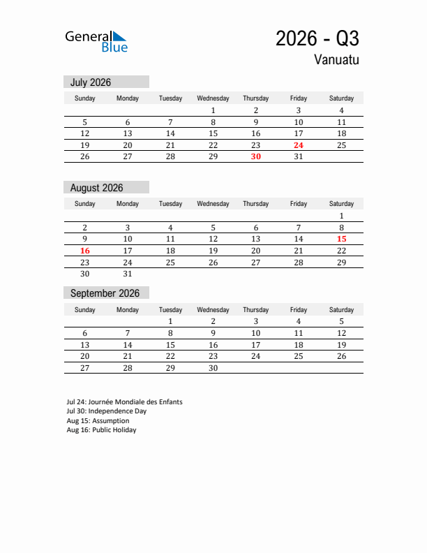 Vanuatu Quarter 3 2026 Calendar with Holidays