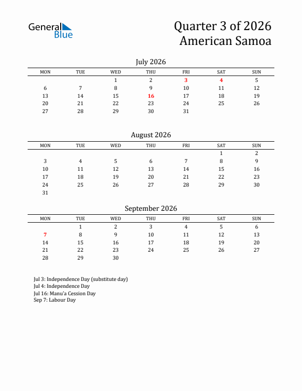 Quarter 3 2026 American Samoa Quarterly Calendar