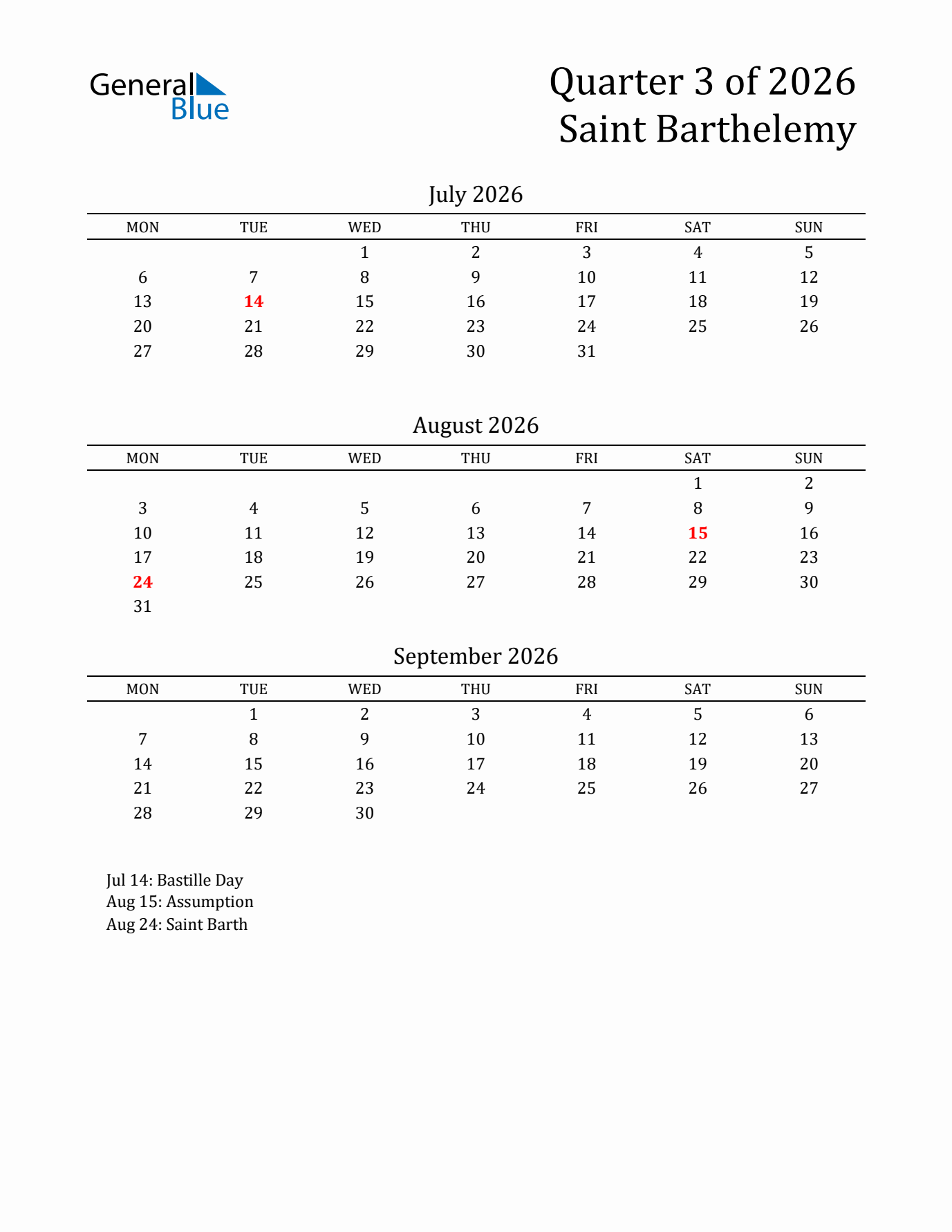 Quarter 3 2026 Saint Barthelemy Quarterly Calendar
