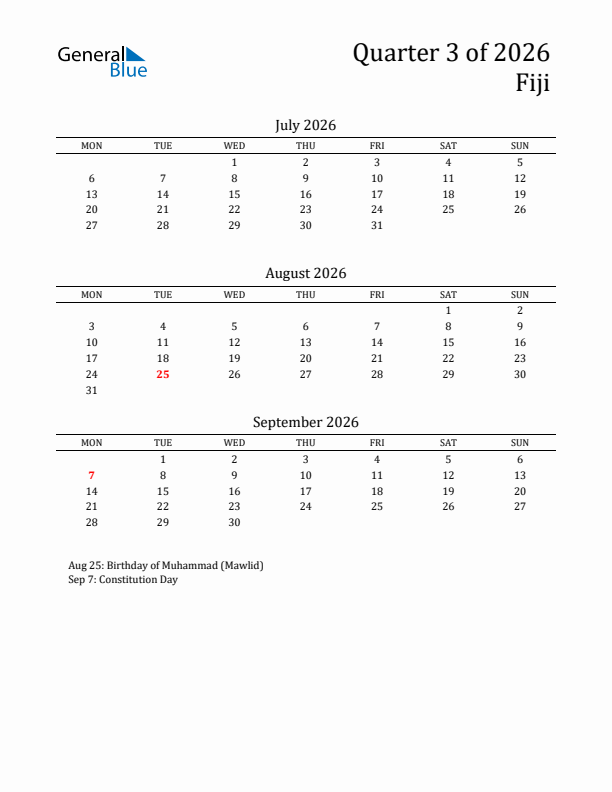 Quarter 3 2026 Fiji Quarterly Calendar