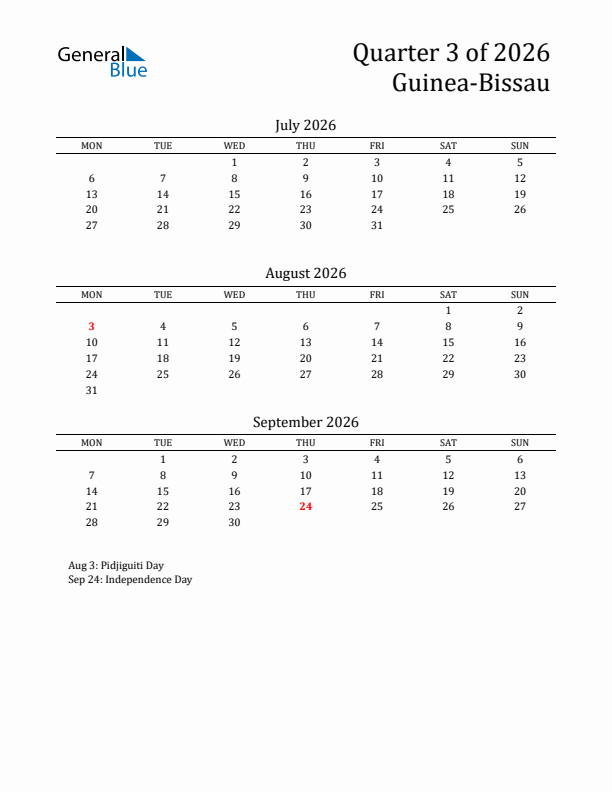Quarter 3 2026 Guinea-Bissau Quarterly Calendar