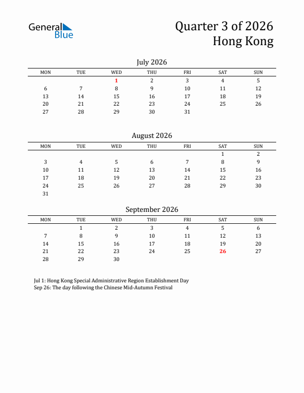 Quarter 3 2026 Hong Kong Quarterly Calendar