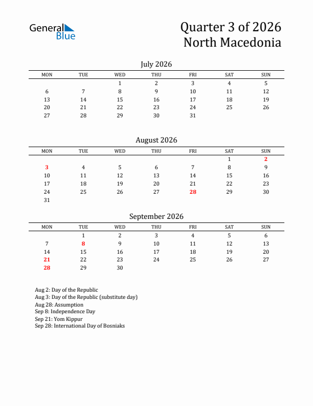 Quarter 3 2026 North Macedonia Quarterly Calendar