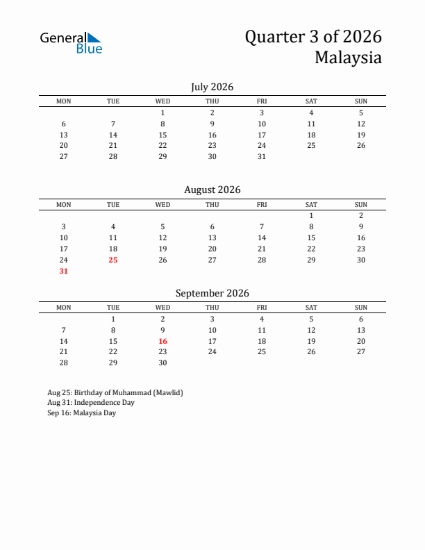 Quarter 3 2026 Malaysia Quarterly Calendar