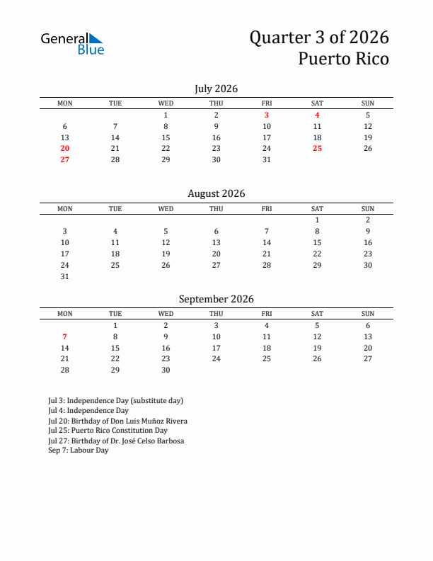 Quarter 3 2026 Puerto Rico Quarterly Calendar