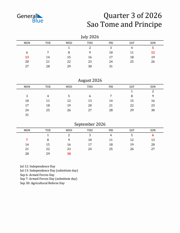 Quarter 3 2026 Sao Tome and Principe Quarterly Calendar