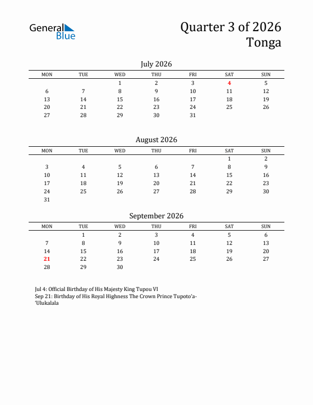 Quarter 3 2026 Tonga Quarterly Calendar