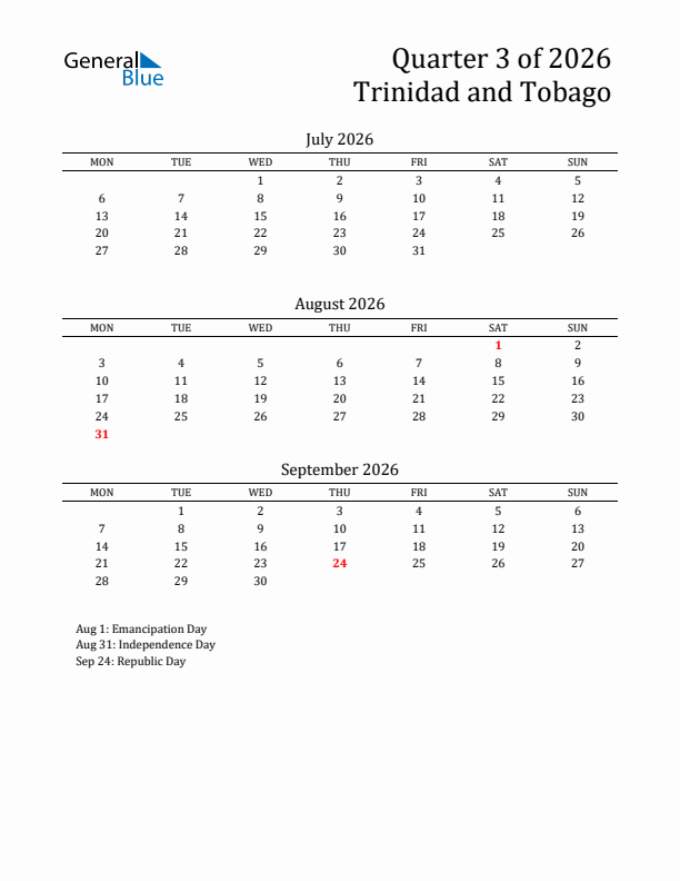 Quarter 3 2026 Trinidad and Tobago Quarterly Calendar