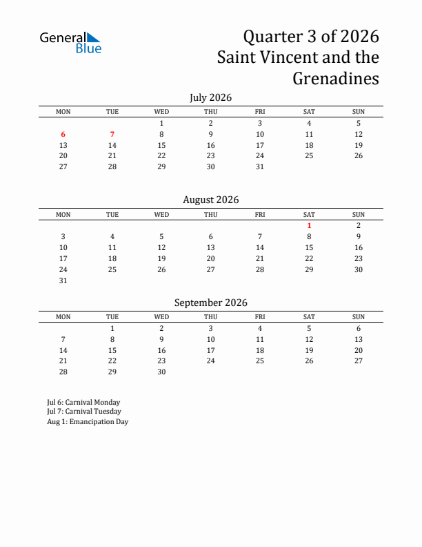 Quarter 3 2026 Saint Vincent and the Grenadines Quarterly Calendar