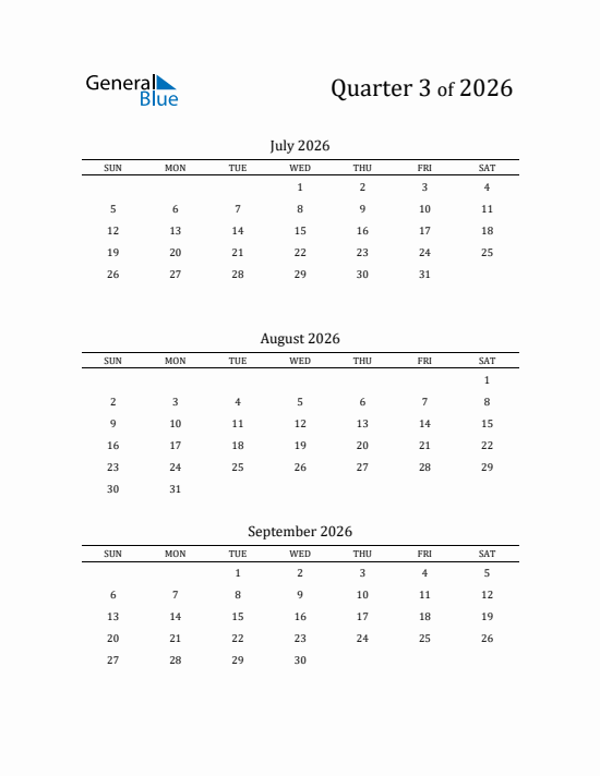 Quarter 3 2026 calendar template