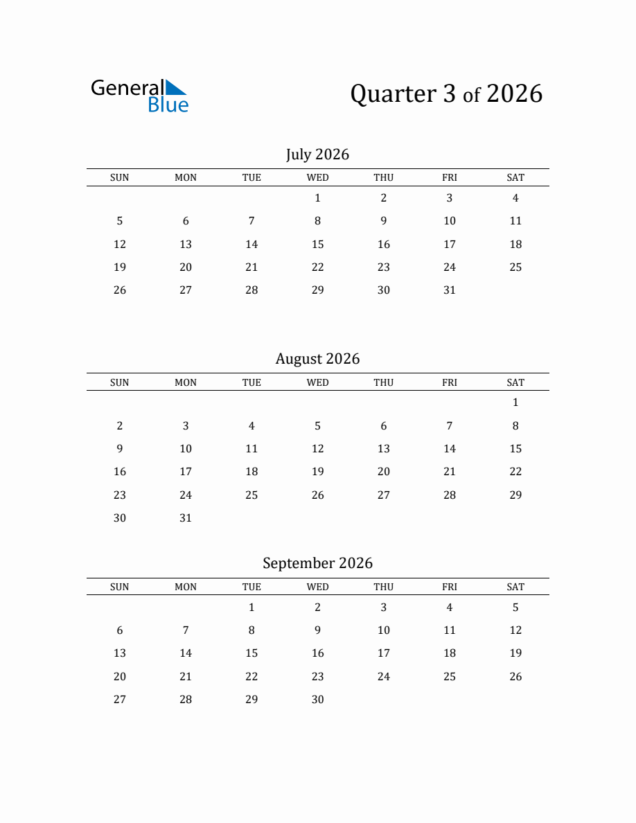 2026 Three-Month Calendar Template with Sunday Start - Quarter 3