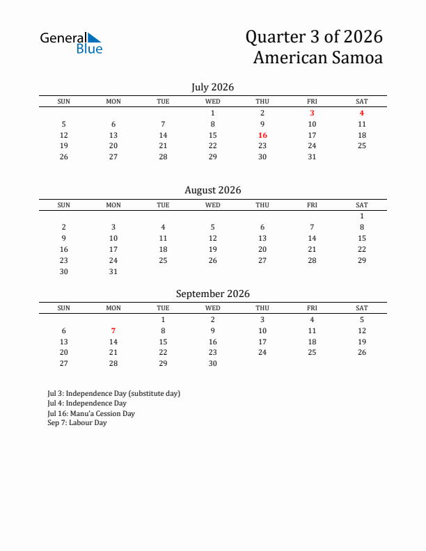 Quarter 3 2026 American Samoa Quarterly Calendar