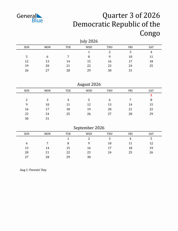 Quarter 3 2026 Democratic Republic of the Congo Quarterly Calendar