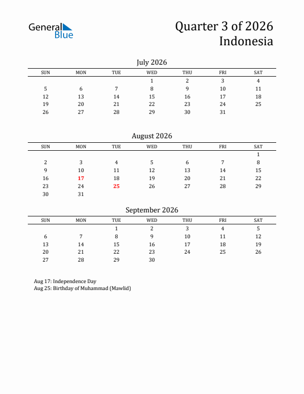 Quarter 3 2026 Indonesia Quarterly Calendar