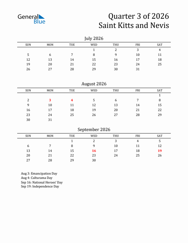 Quarter 3 2026 Saint Kitts and Nevis Quarterly Calendar