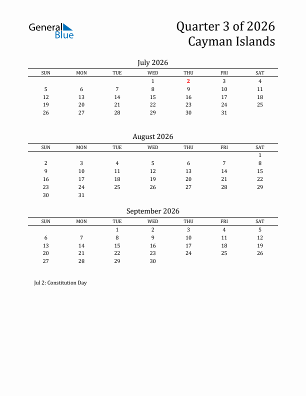 Quarter 3 2026 Cayman Islands Quarterly Calendar
