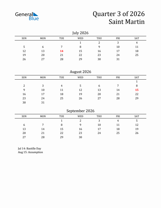 Quarter 3 2026 Saint Martin Quarterly Calendar