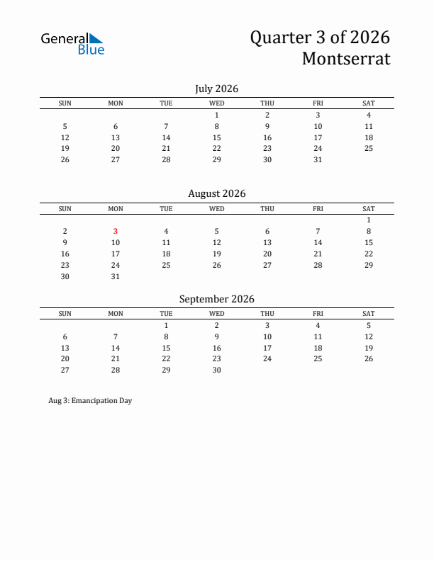 Quarter 3 2026 Montserrat Quarterly Calendar