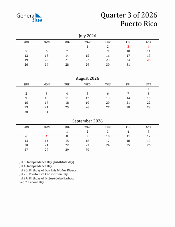 Quarter 3 2026 Puerto Rico Quarterly Calendar