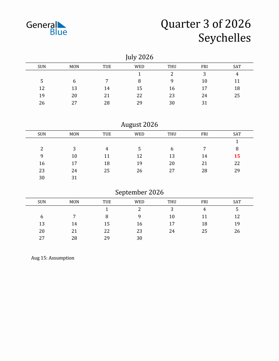 Quarter 3 2026 Seychelles Calendar