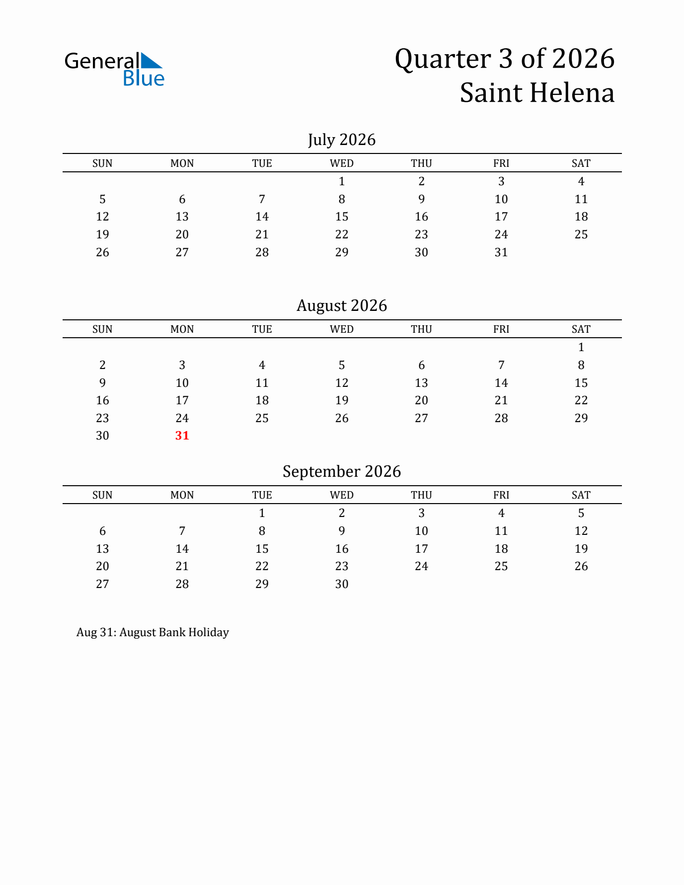 Quarter 3 2026 Saint Helena Quarterly Calendar