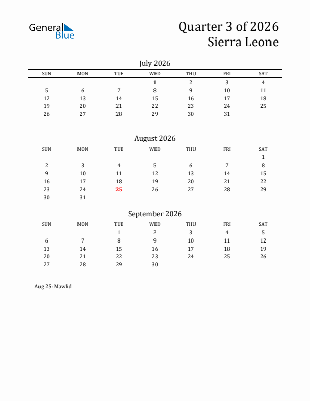 Quarter 3 2026 Sierra Leone Quarterly Calendar