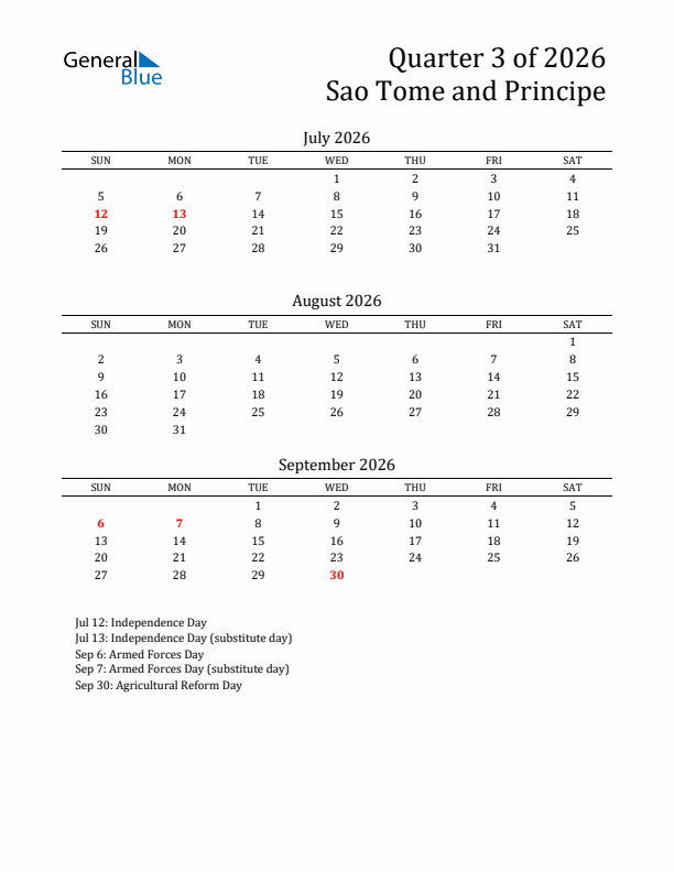 Quarter 3 2026 Sao Tome and Principe Quarterly Calendar