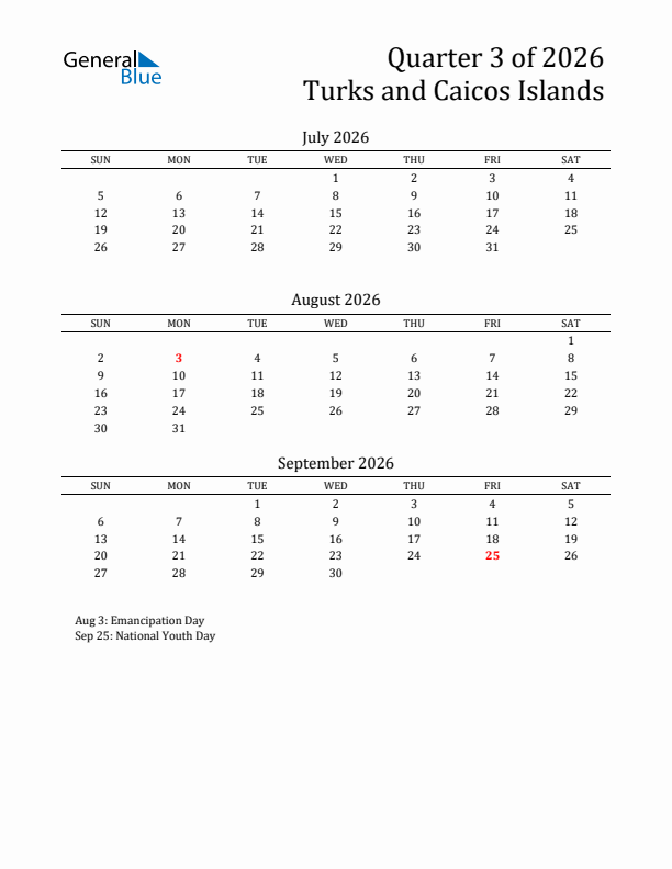 Quarter 3 2026 Turks and Caicos Islands Quarterly Calendar