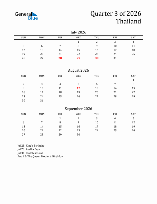 Quarter 3 2026 Thailand Quarterly Calendar