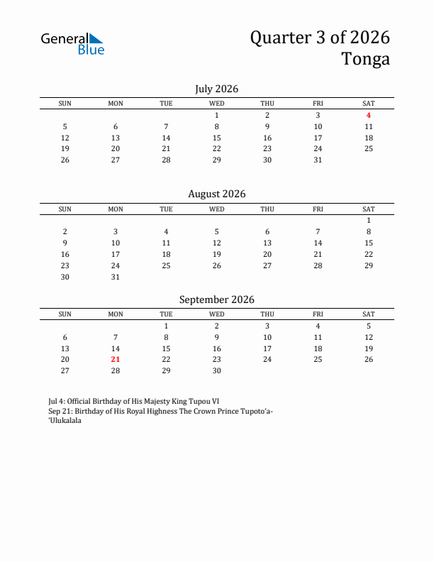 Quarter 3 2026 Tonga Quarterly Calendar