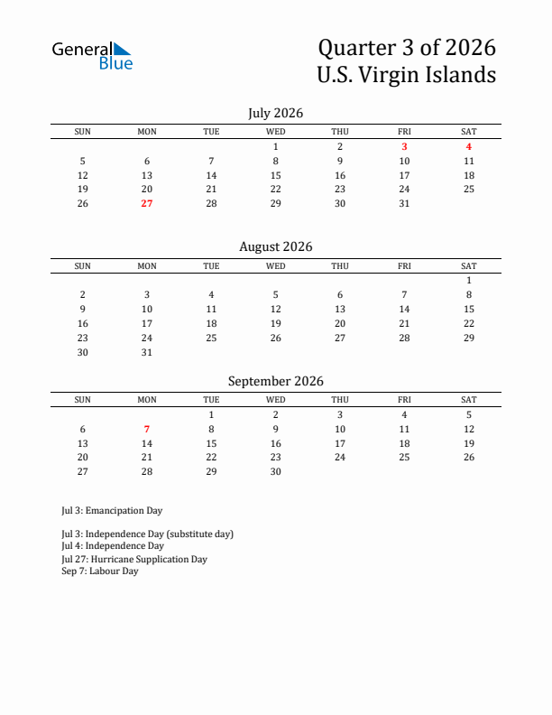 Quarter 3 2026 U.S. Virgin Islands Quarterly Calendar