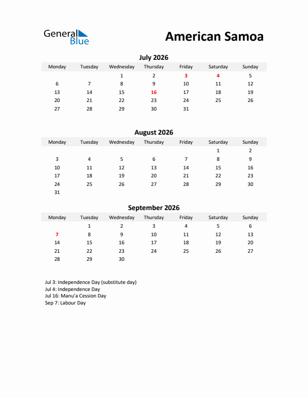 Printable Quarterly Calendar with Notes and American Samoa Holidays- Q3 of 2026