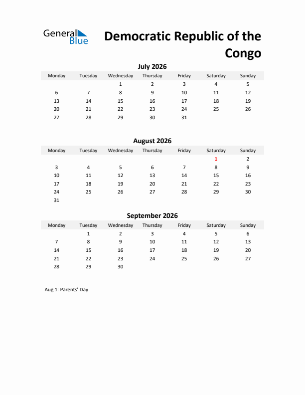 Printable Quarterly Calendar with Notes and Democratic Republic of the Congo Holidays- Q3 of 2026