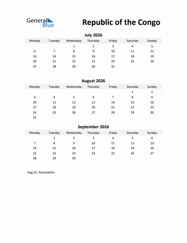 Printable Quarterly Calendar with Notes and Republic of the Congo Holidays- Q3 of 2026
