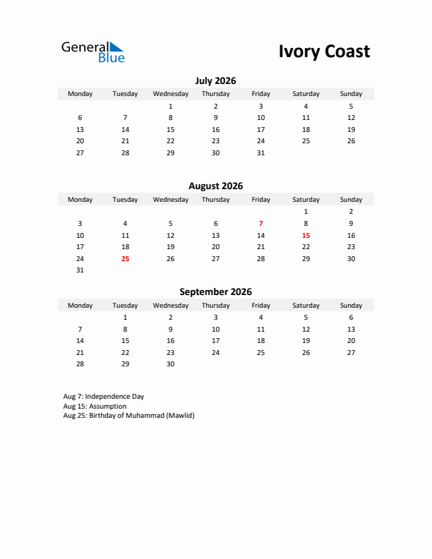 Printable Quarterly Calendar with Notes and Ivory Coast Holidays- Q3 of 2026