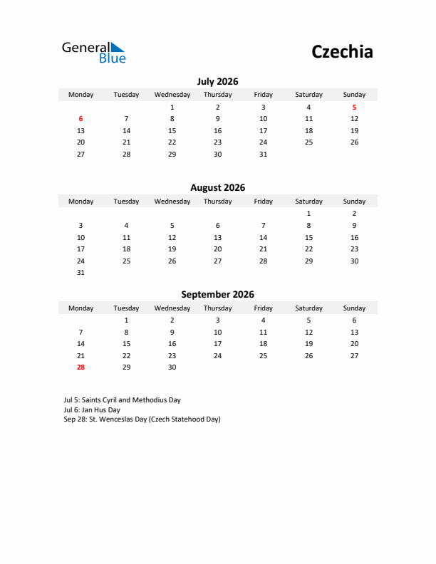 Printable Quarterly Calendar with Notes and Czechia Holidays- Q3 of 2026