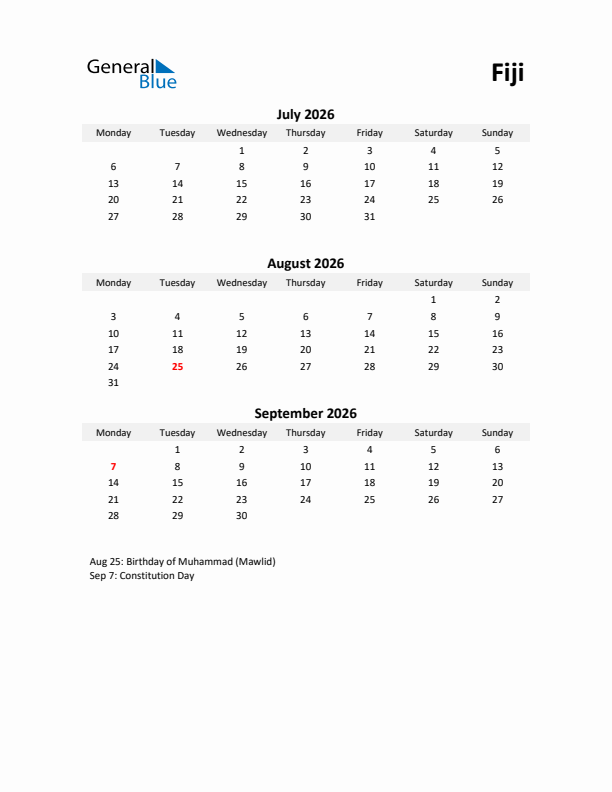 Printable Quarterly Calendar with Notes and Fiji Holidays- Q3 of 2026